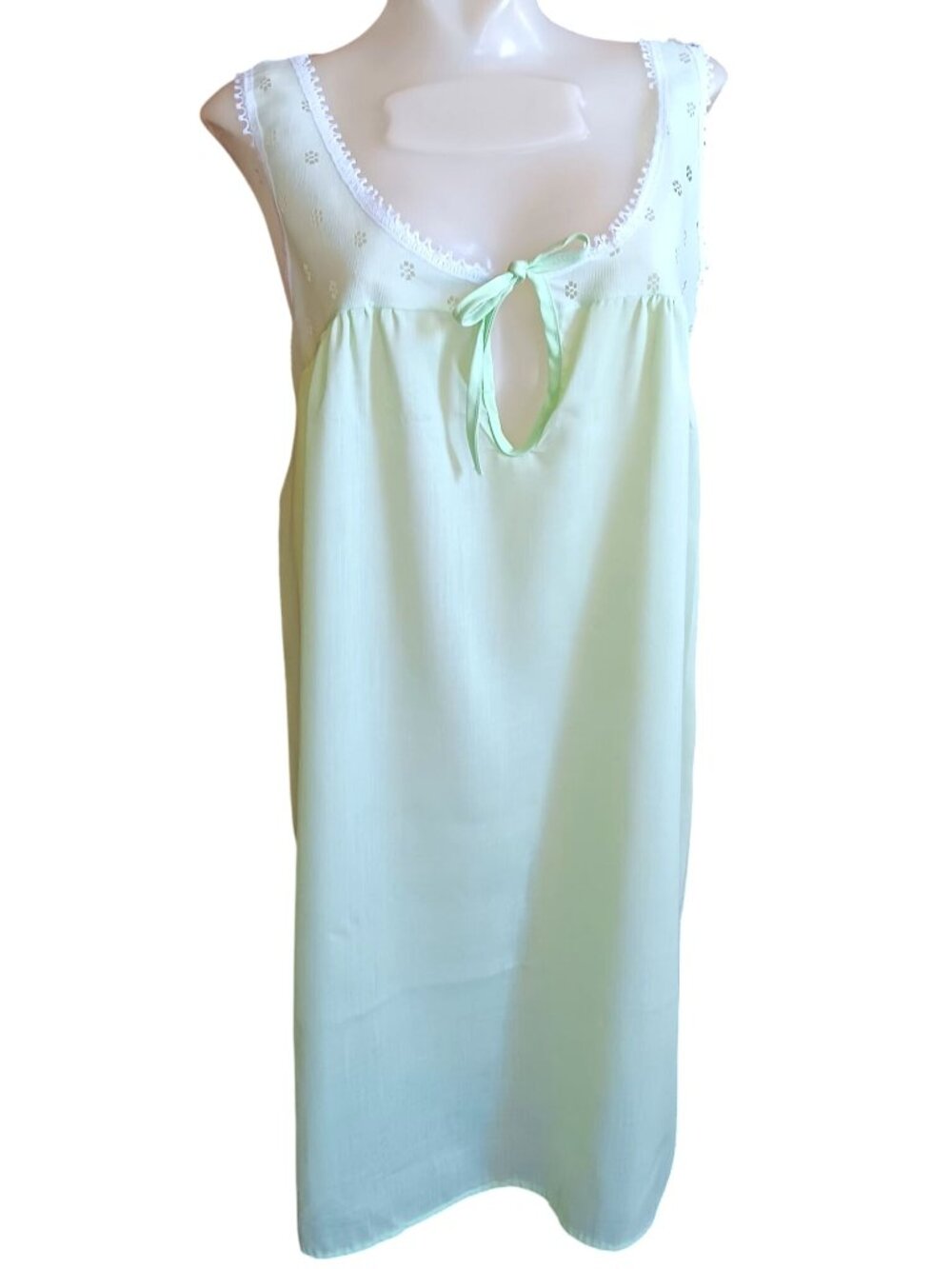 True Vintage Nightgown Medium 60's Lime Green Sleeveless Lace Bow Dacron Mod